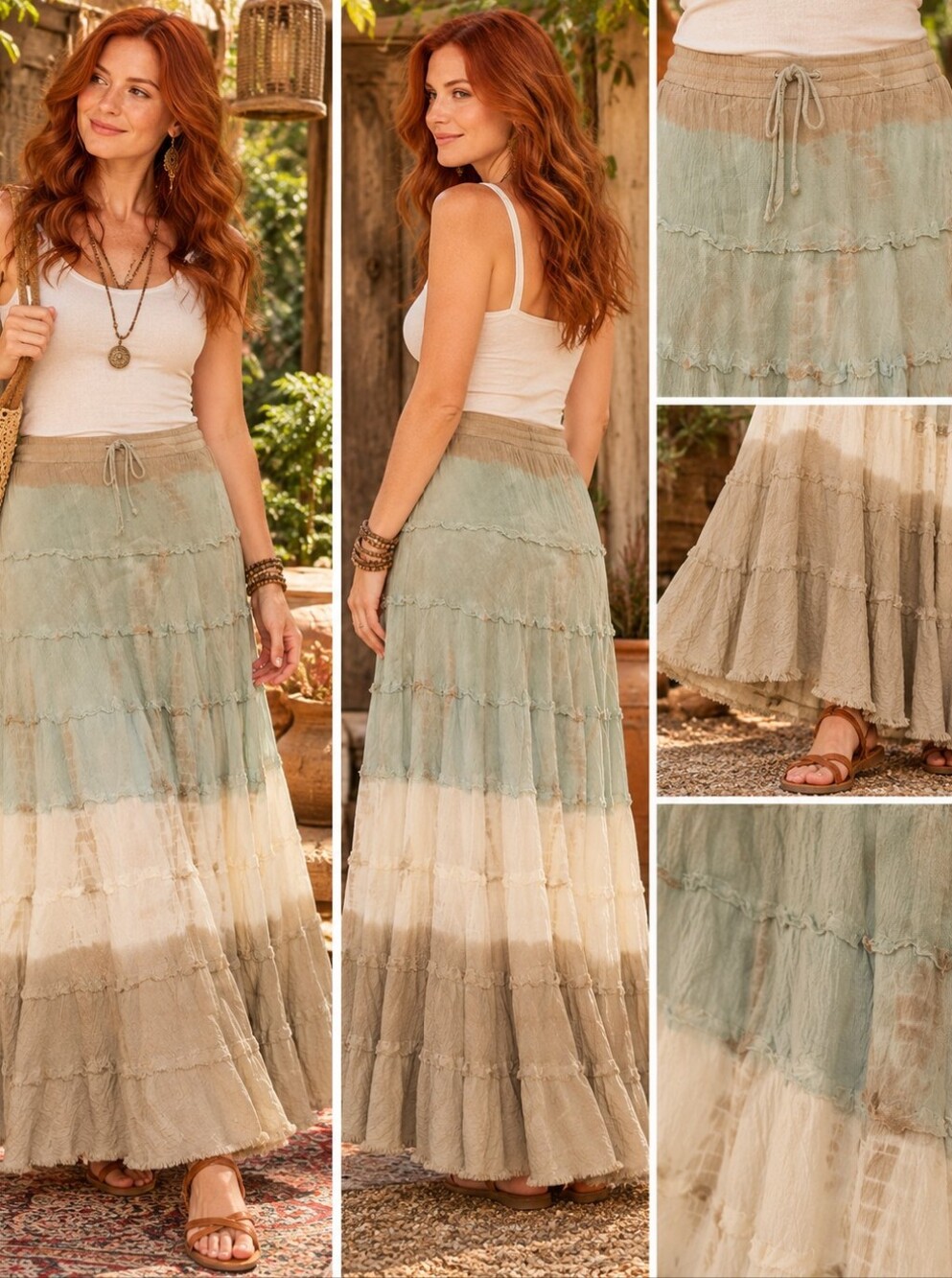 Metrowear Size Small Boho Tie-Dye Tiered Maxi Skirt – Sage Cream Taupe